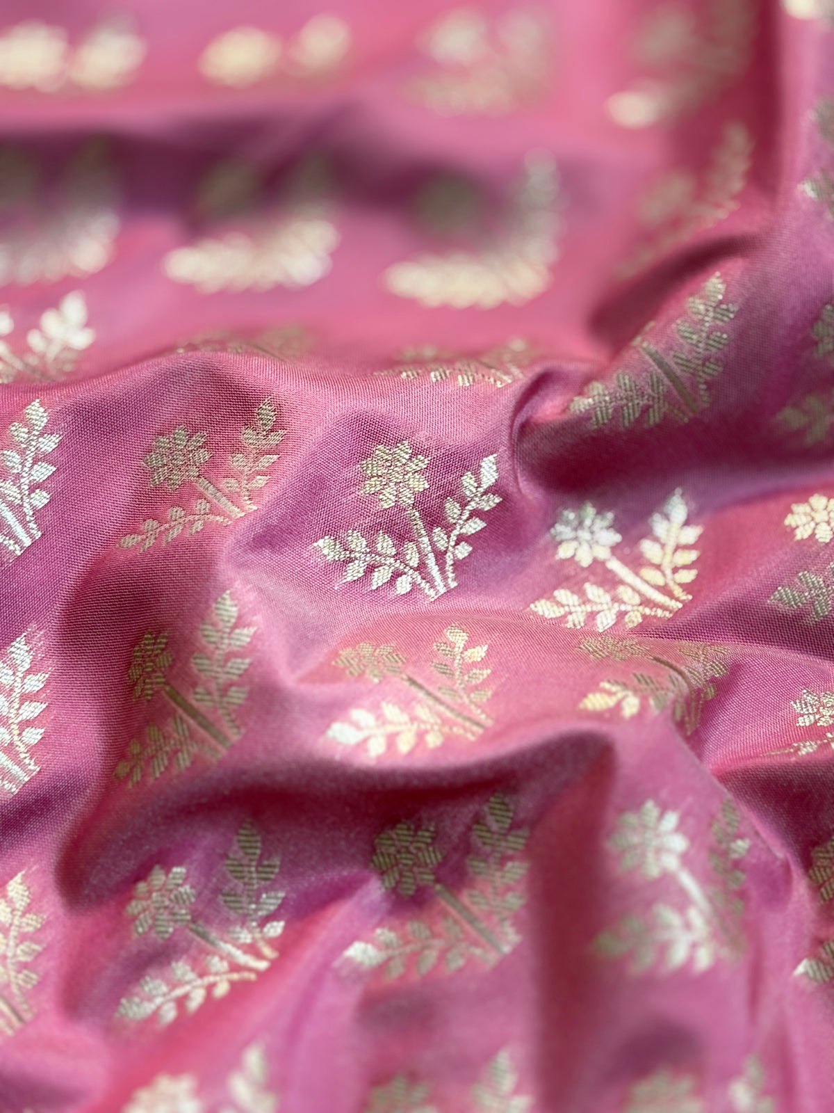 Gorgeous Rose Pink Katan Silk Saree with Zari Diamond Checks & Meenakari Butas