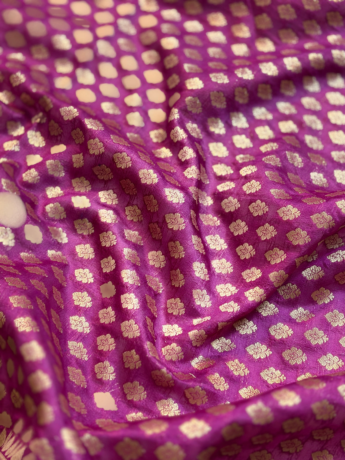 Rich Magenta Dupion Silk Saree with Floral Butas & Temple Zari Border