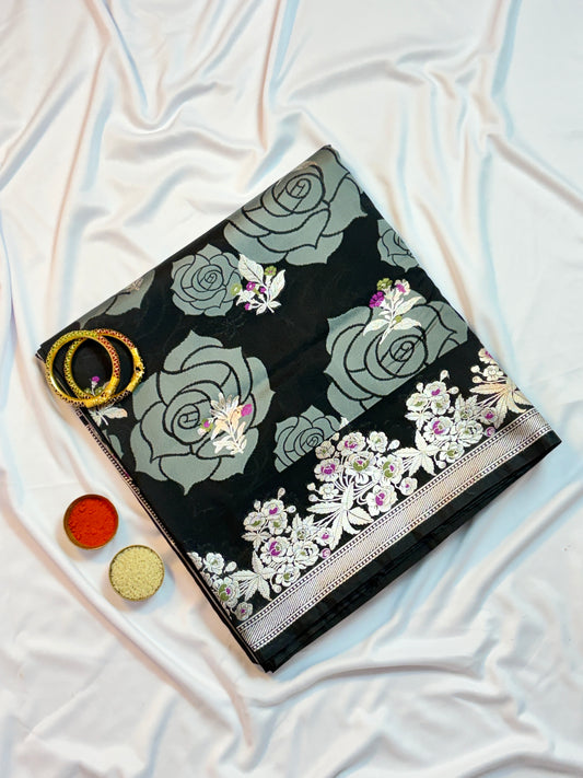 Striking Black Katan Silk Saree with Large Rose Motifs & Meenakari Border