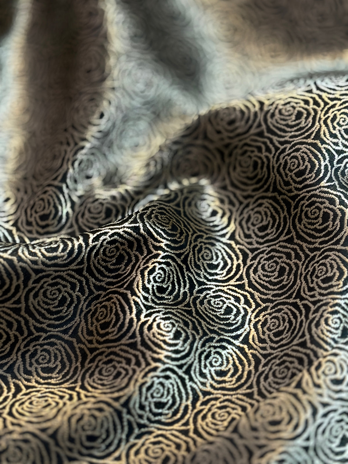 Striking Black Katan Silk Saree with Large Rose Motifs & Meenakari Border