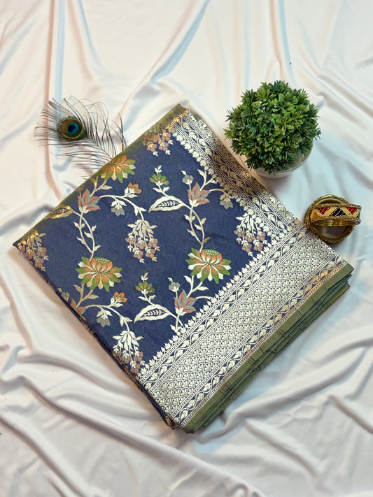 Exquisite Indigo Blue Katan Silk Saree with Meenakari Floral Jaal & Zari Pallu