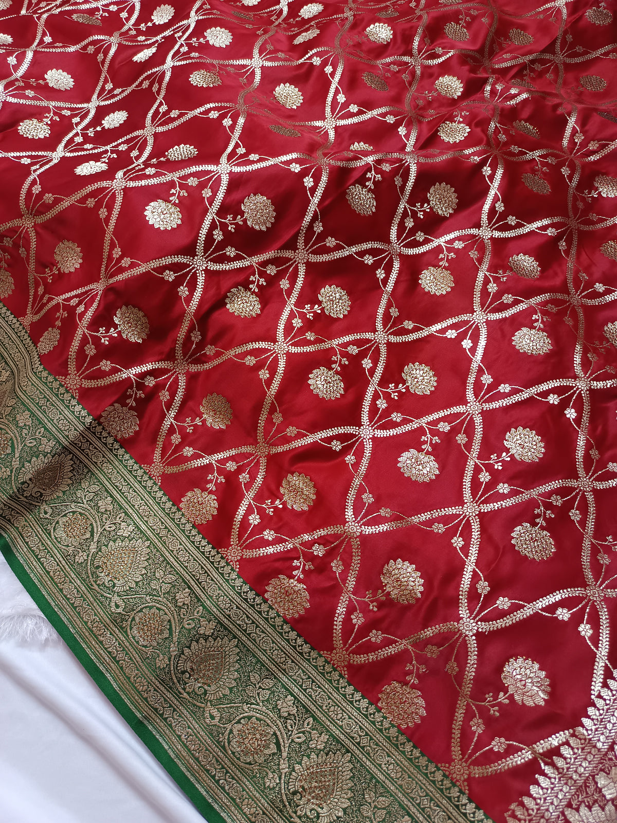 Red Siroski Katan Silk Banarasi Saree with Gold Criss-Cross Checks