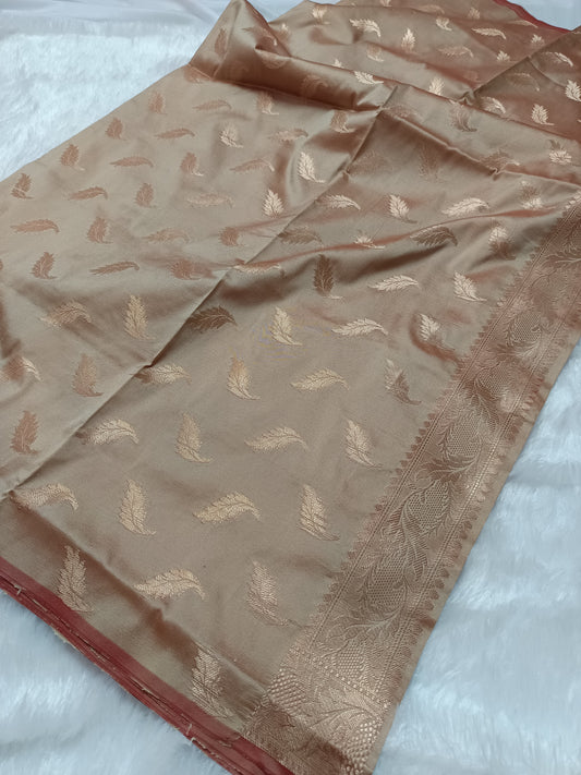 Beige Gold Katan Silk 3-Piece Unstitched Banarasi Suit