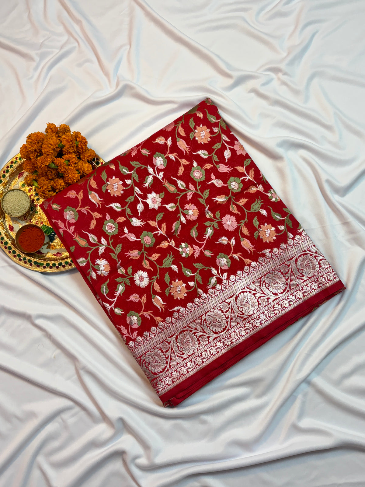 Vibrant Red Katan Silk Saree with Meenakari Floral Jaal & Silver Zari Border