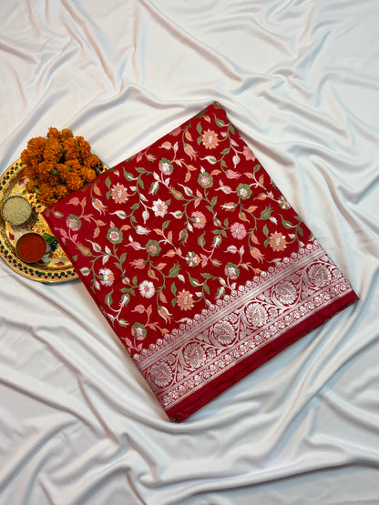 Vibrant Red Katan Silk Saree with Meenakari Floral Jaal & Silver Zari Border