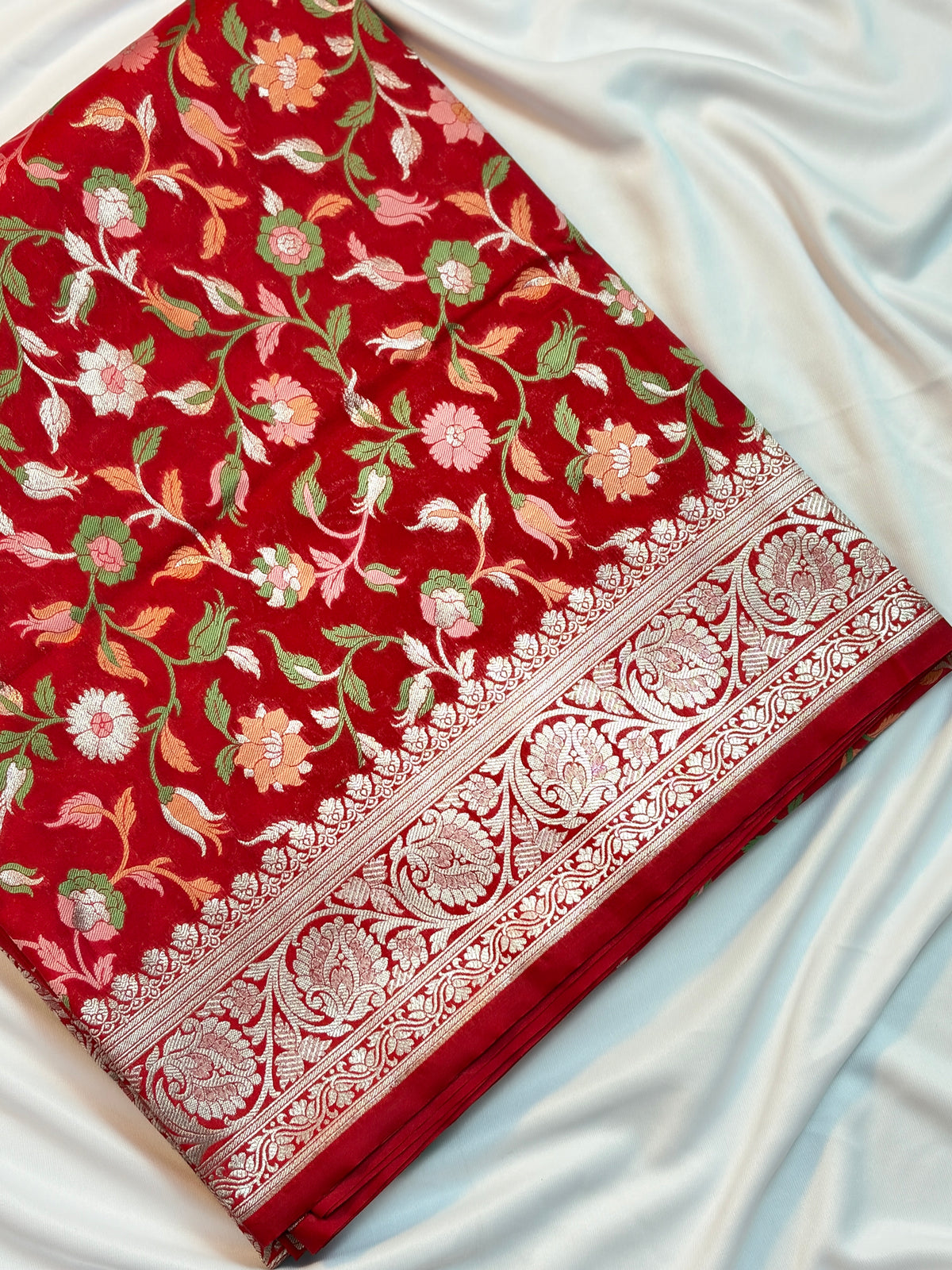 Vibrant Red Katan Silk Saree with Meenakari Floral Jaal & Silver Zari Border