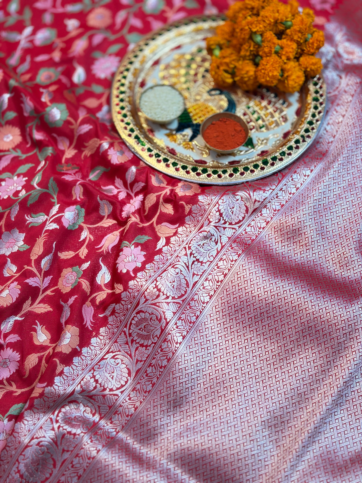 Vibrant Red Katan Silk Saree with Meenakari Floral Jaal & Silver Zari Border