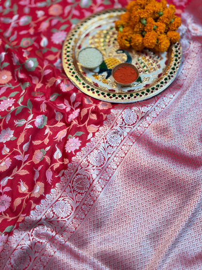 Vibrant Red Katan Silk Saree with Meenakari Floral Jaal & Silver Zari Border