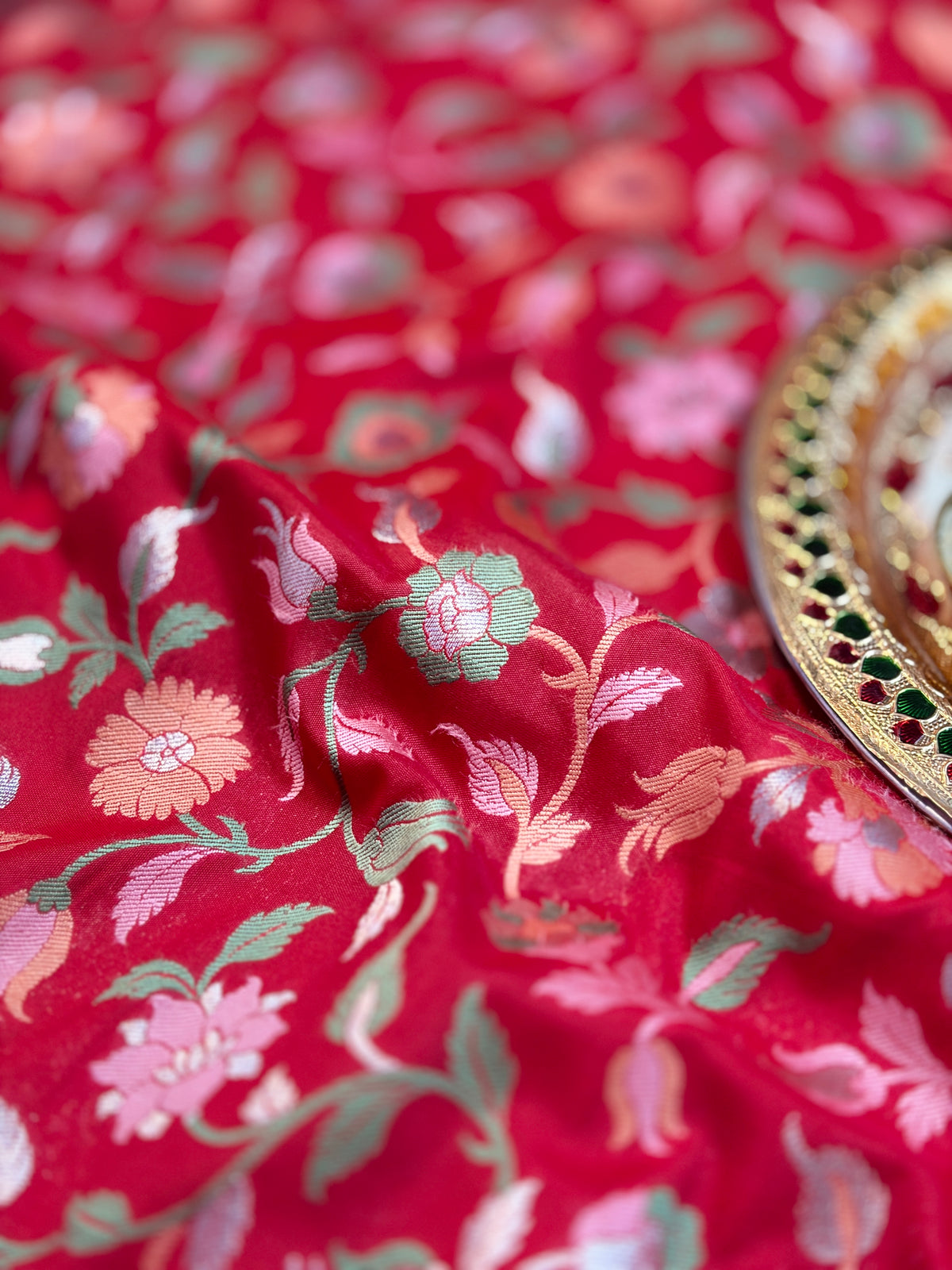 Vibrant Red Katan Silk Saree with Meenakari Floral Jaal & Silver Zari Border