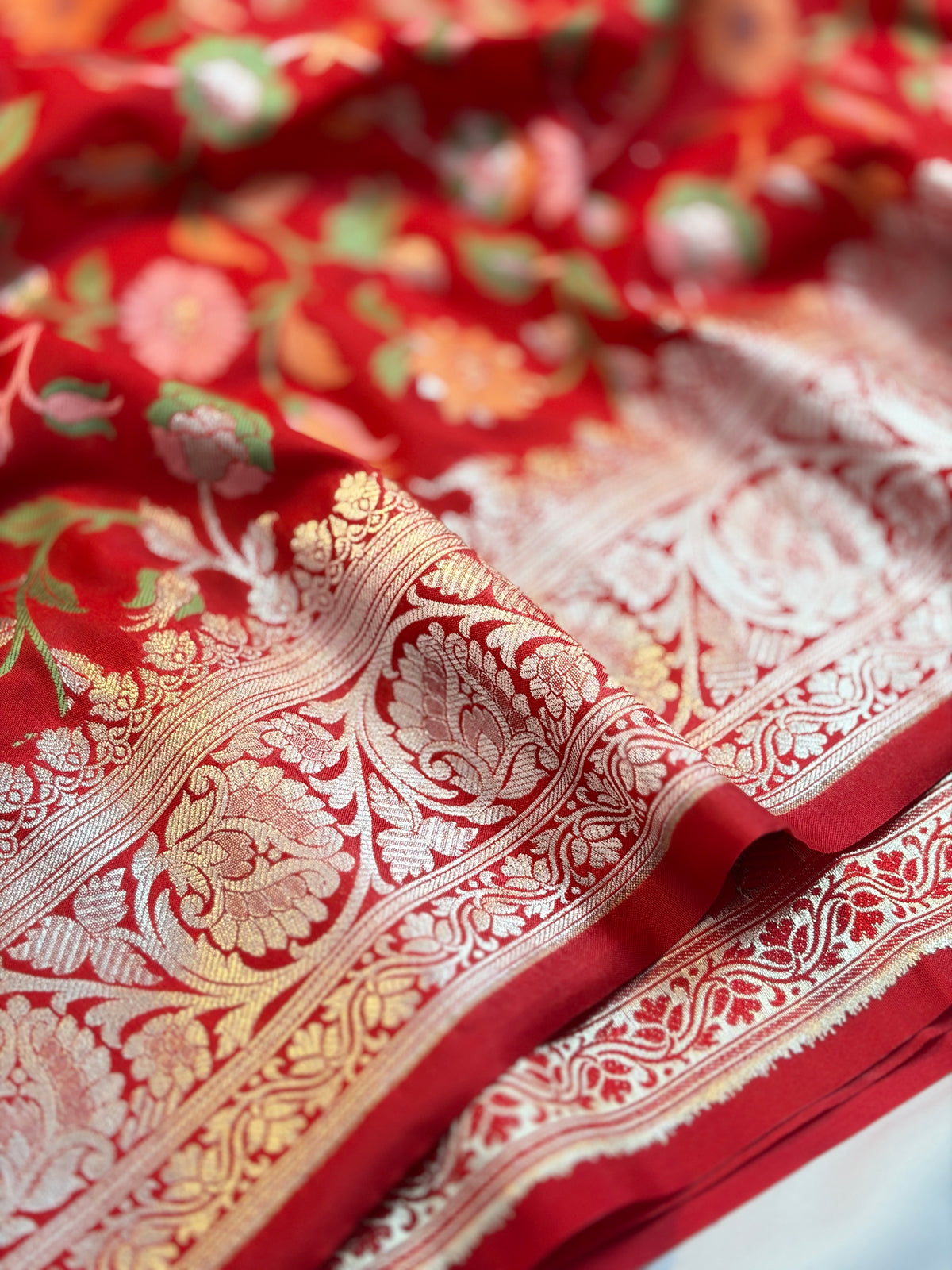 Vibrant Red Katan Silk Saree with Meenakari Floral Jaal & Silver Zari Border