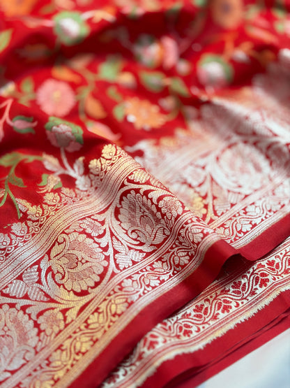 Vibrant Red Katan Silk Saree with Meenakari Floral Jaal & Silver Zari Border