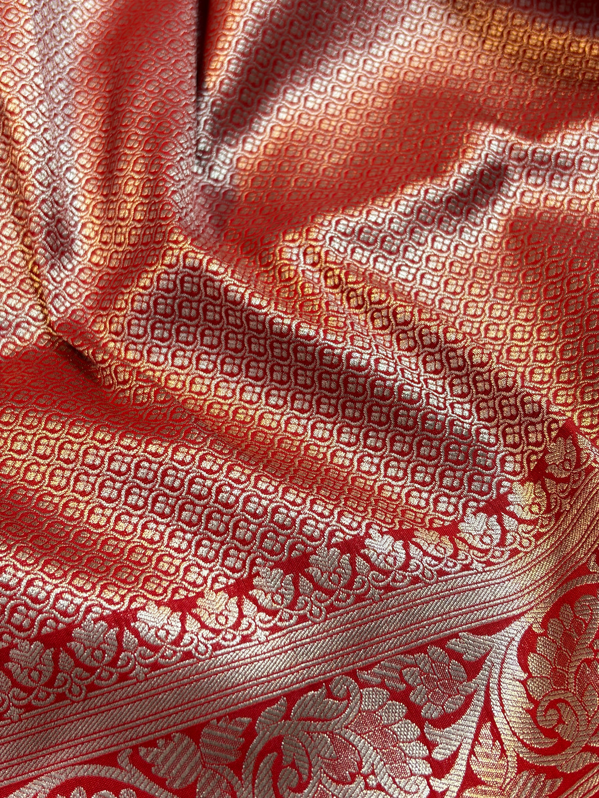 Vibrant Red Katan Silk Saree with Meenakari Floral Jaal & Silver Zari Border