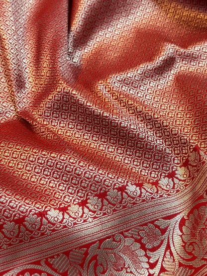 Vibrant Red Katan Silk Saree with Meenakari Floral Jaal & Silver Zari Border