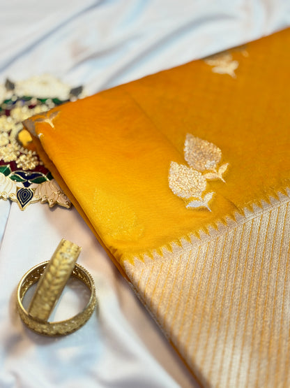 Vibrant Yellow Dupion Silk Saree with Silver Zari Leaf Motifs & Temple Border