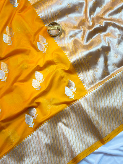 Vibrant Yellow Dupion Silk Saree with Silver Zari Leaf Motifs & Temple Border