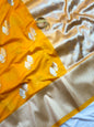 Vibrant Yellow Dupion Silk Saree with Silver Zari Leaf Motifs & Temple Border