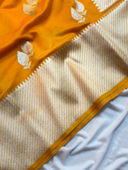 Vibrant Yellow Dupion Silk Saree with Silver Zari Leaf Motifs & Temple Border