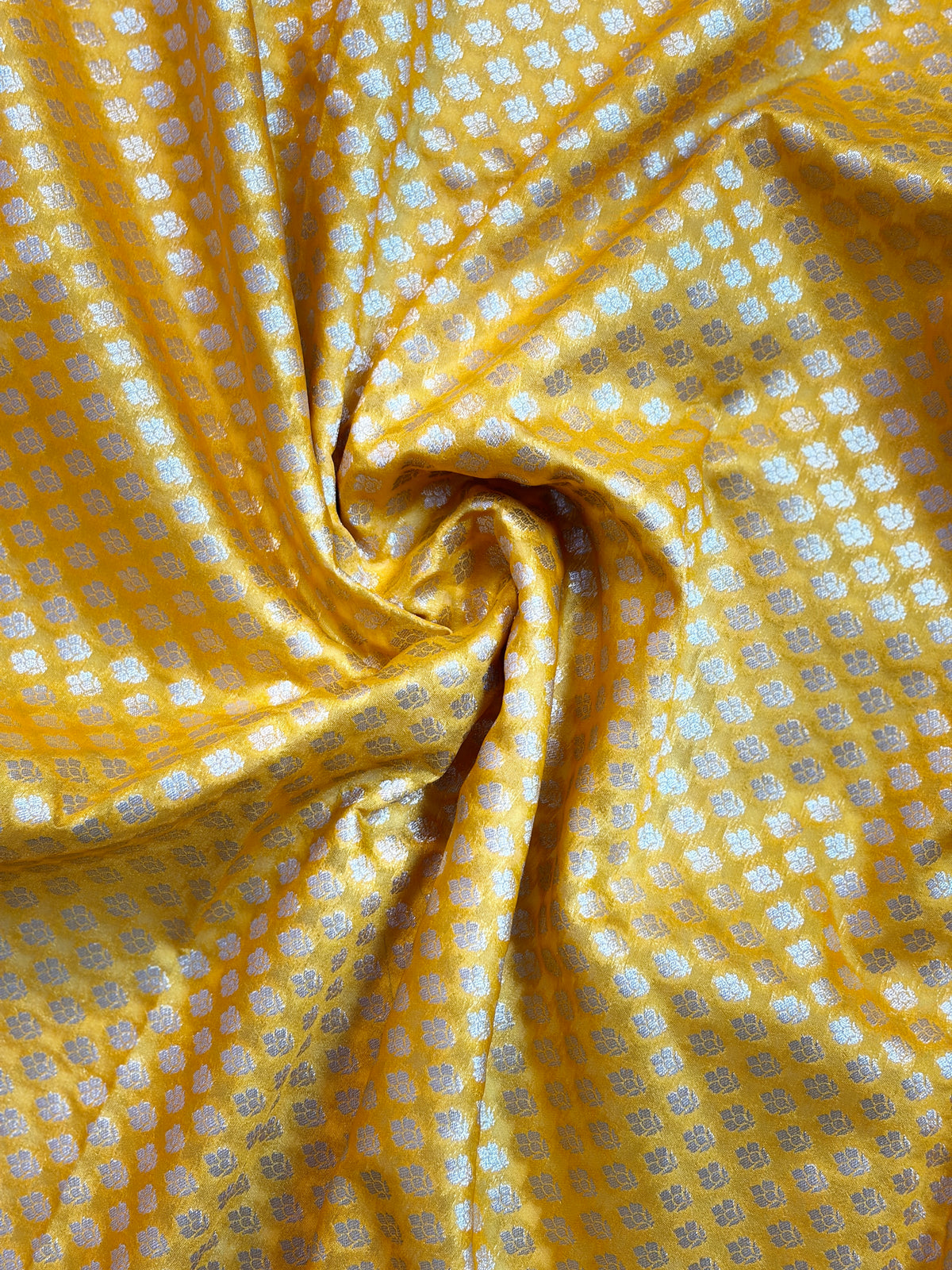 Vibrant Yellow Dupion Silk Saree with Silver Zari Leaf Motifs & Temple Border