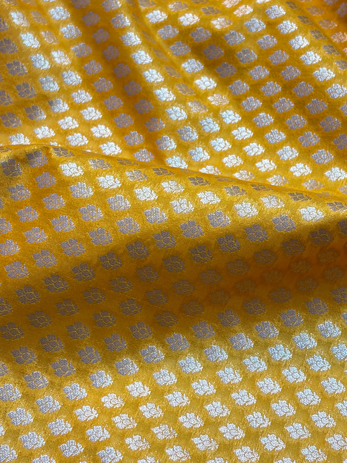 Vibrant Yellow Dupion Silk Saree with Silver Zari Leaf Motifs & Temple Border