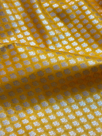 Vibrant Yellow Dupion Silk Saree with Silver Zari Leaf Motifs & Temple Border