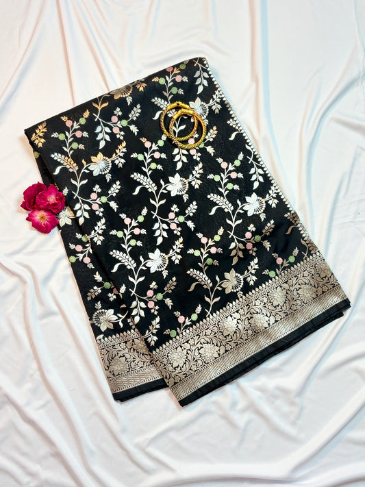 Elegant Black Katan Silk Saree with Meenakari Floral Jaal & Silver Zari Border