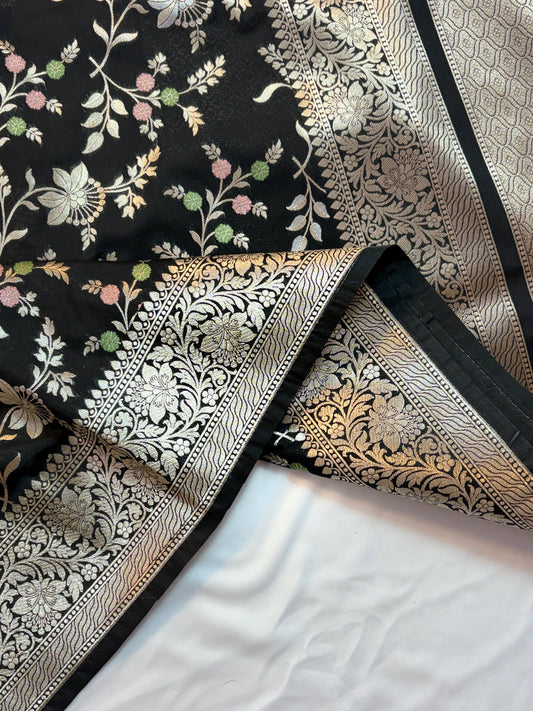 Elegant Black Katan Silk Saree with Meenakari Floral Jaal & Silver Zari Border