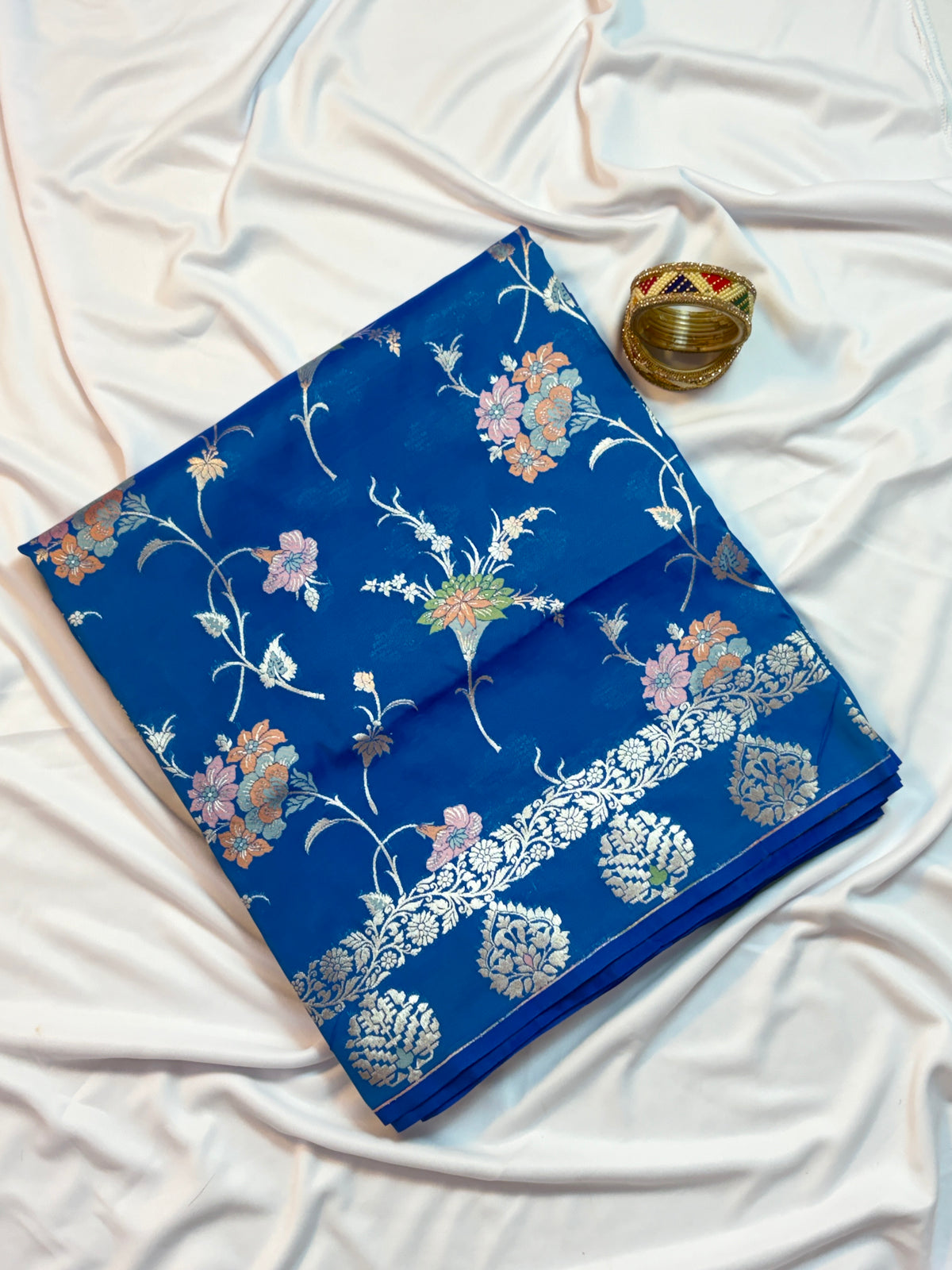 Royal Blue Katan Silk Saree with Meenakari Jaal & Gold Zari Butis