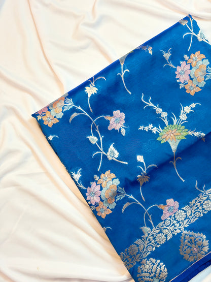 Royal Blue Katan Silk Saree with Meenakari Jaal & Gold Zari Butis