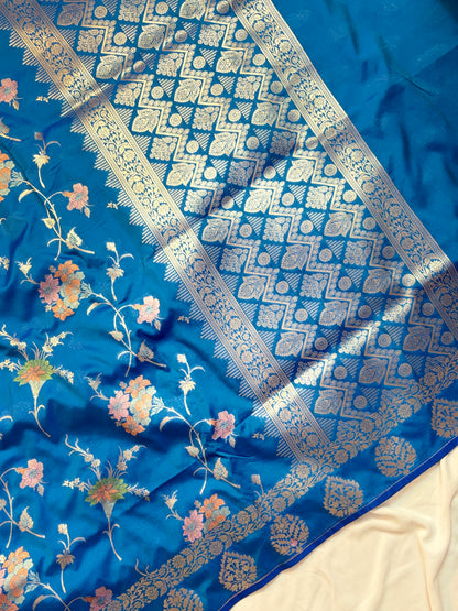 Royal Blue Katan Silk Saree with Meenakari Jaal & Gold Zari Butis