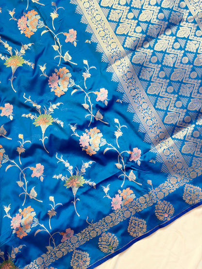 Royal Blue Katan Silk Saree with Meenakari Jaal & Gold Zari Butis