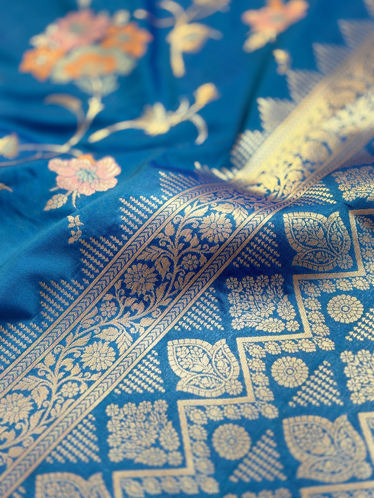 Royal Blue Katan Silk Saree with Meenakari Jaal & Gold Zari Butis