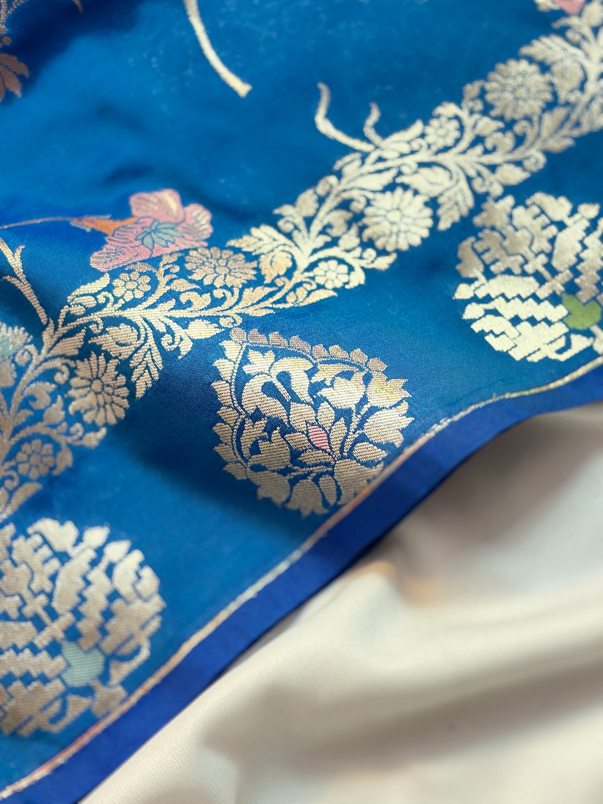 Royal Blue Katan Silk Saree with Meenakari Jaal & Gold Zari Butis
