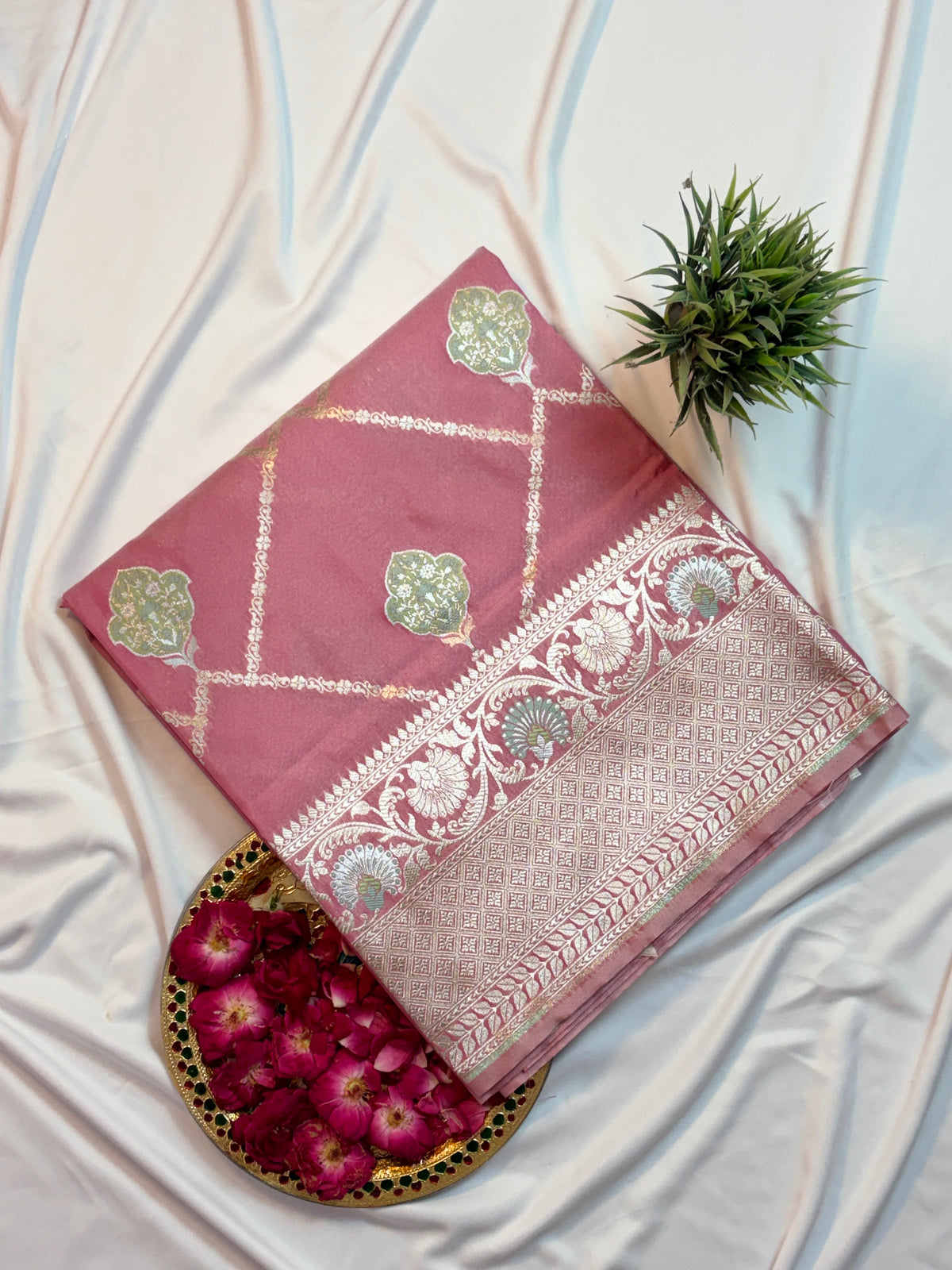 Gorgeous Rose Pink Katan Silk Saree with Zari Diamond Checks & Meenakari Butas