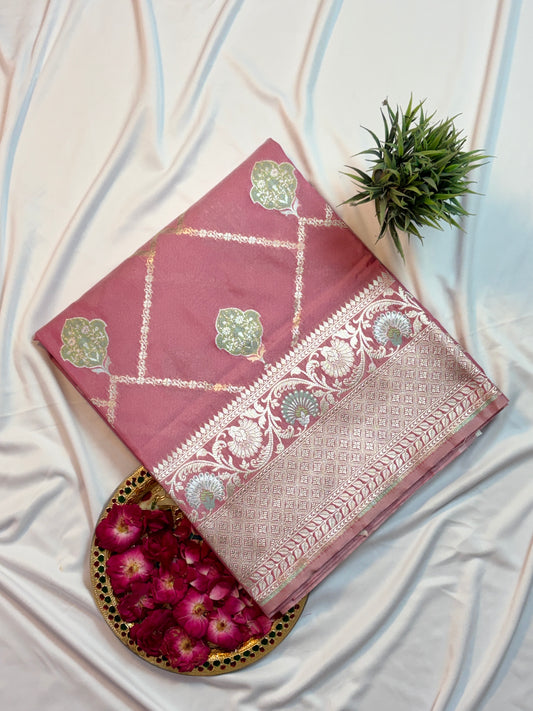 Gorgeous Rose Pink Katan Silk Saree with Zari Diamond Checks & Meenakari Butas