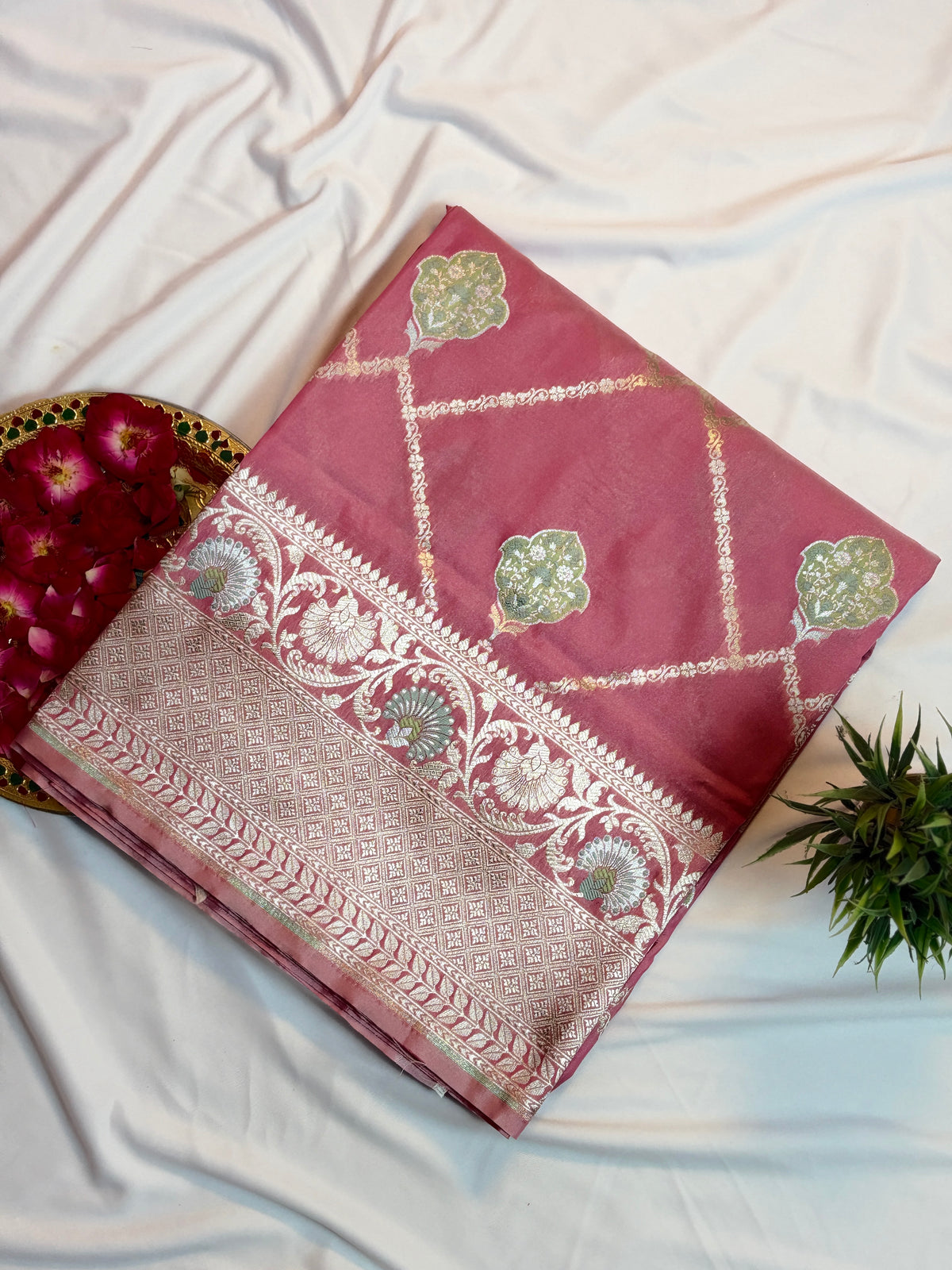 Gorgeous Rose Pink Katan Silk Saree with Zari Diamond Checks & Meenakari Butas