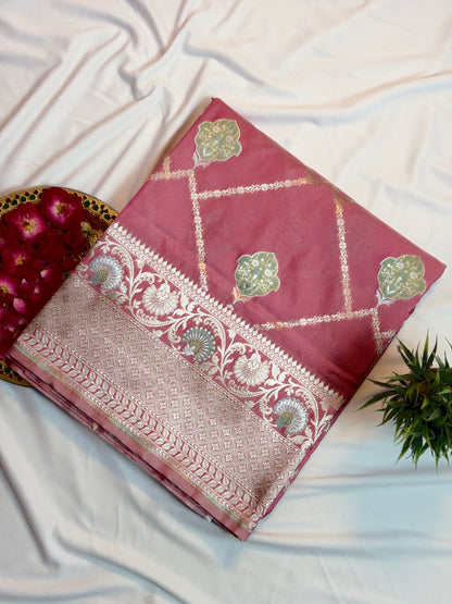 Gorgeous Rose Pink Katan Silk Saree with Zari Diamond Checks & Meenakari Butas