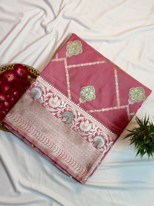 Gorgeous Rose Pink Katan Silk Saree with Zari Diamond Checks & Meenakari Butas