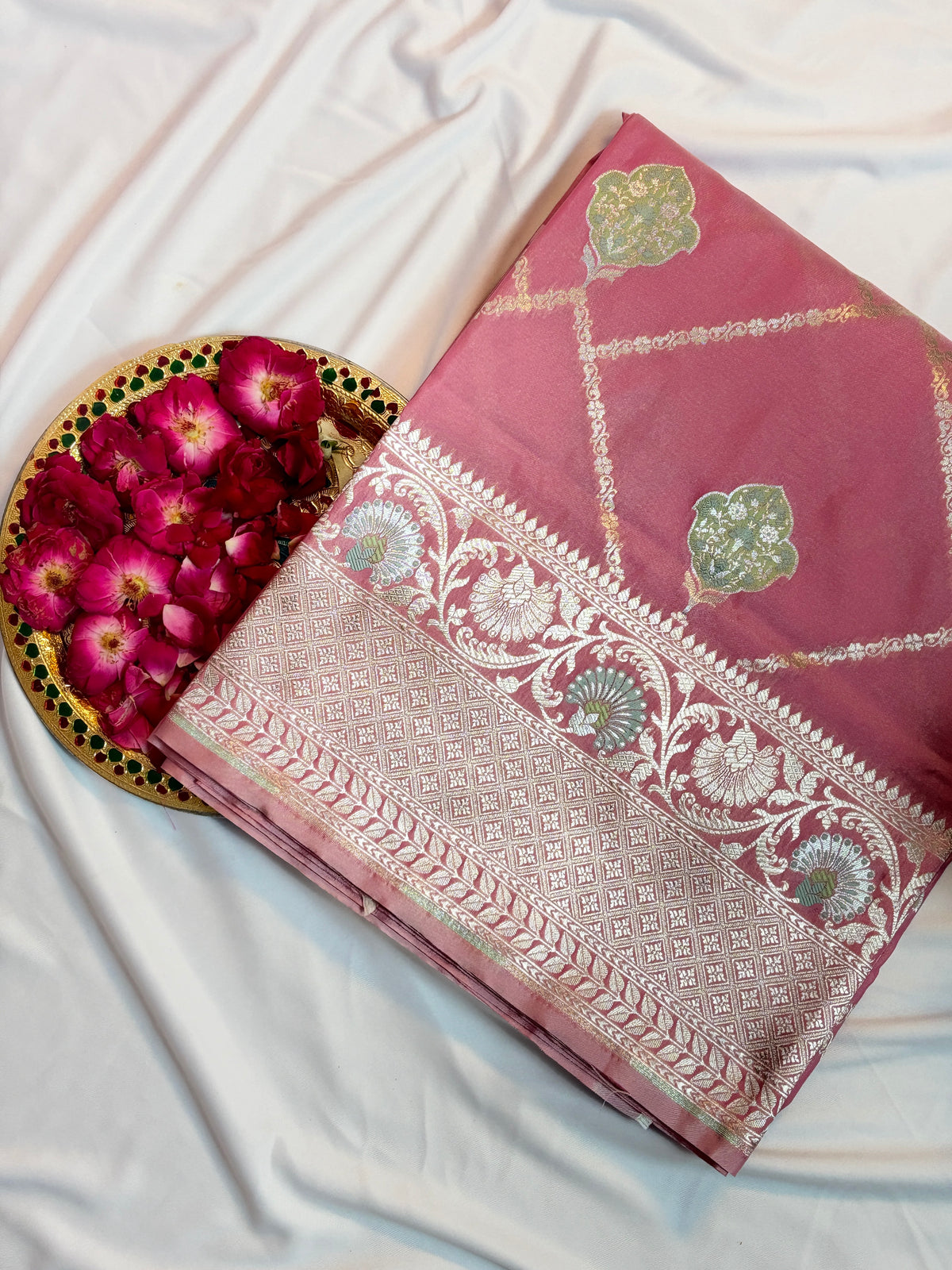 Gorgeous Rose Pink Katan Silk Saree with Zari Diamond Checks & Meenakari Butas