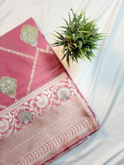 Gorgeous Rose Pink Katan Silk Saree with Zari Diamond Checks & Meenakari Butas