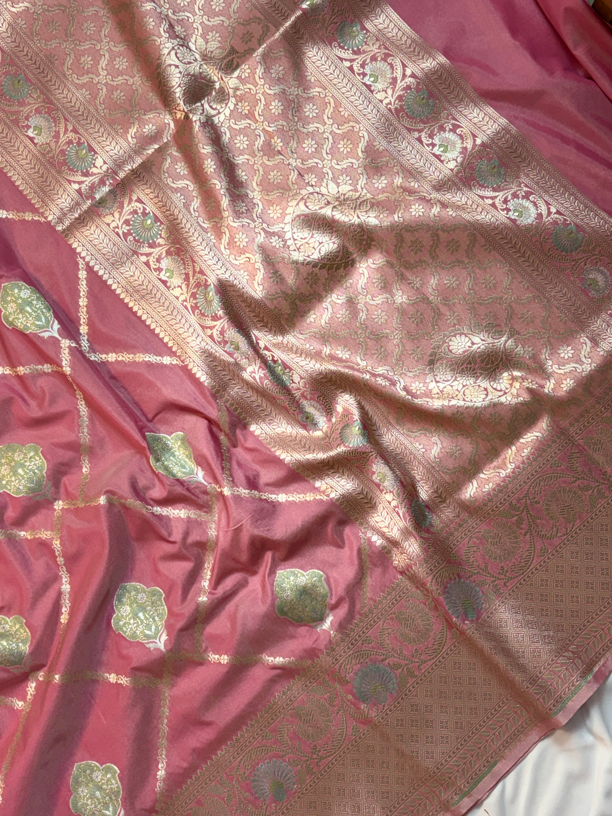 Gorgeous Rose Pink Katan Silk Saree with Zari Diamond Checks & Meenakari Butas