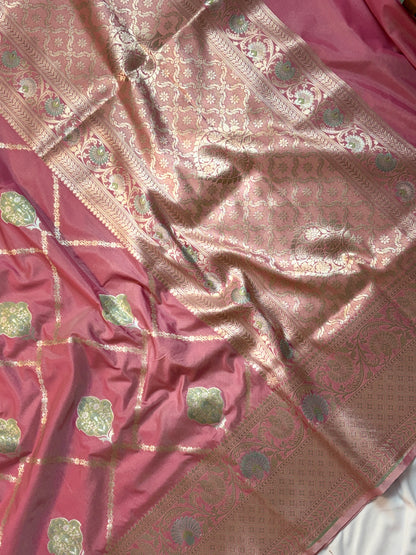 Gorgeous Rose Pink Katan Silk Saree with Zari Diamond Checks & Meenakari Butas
