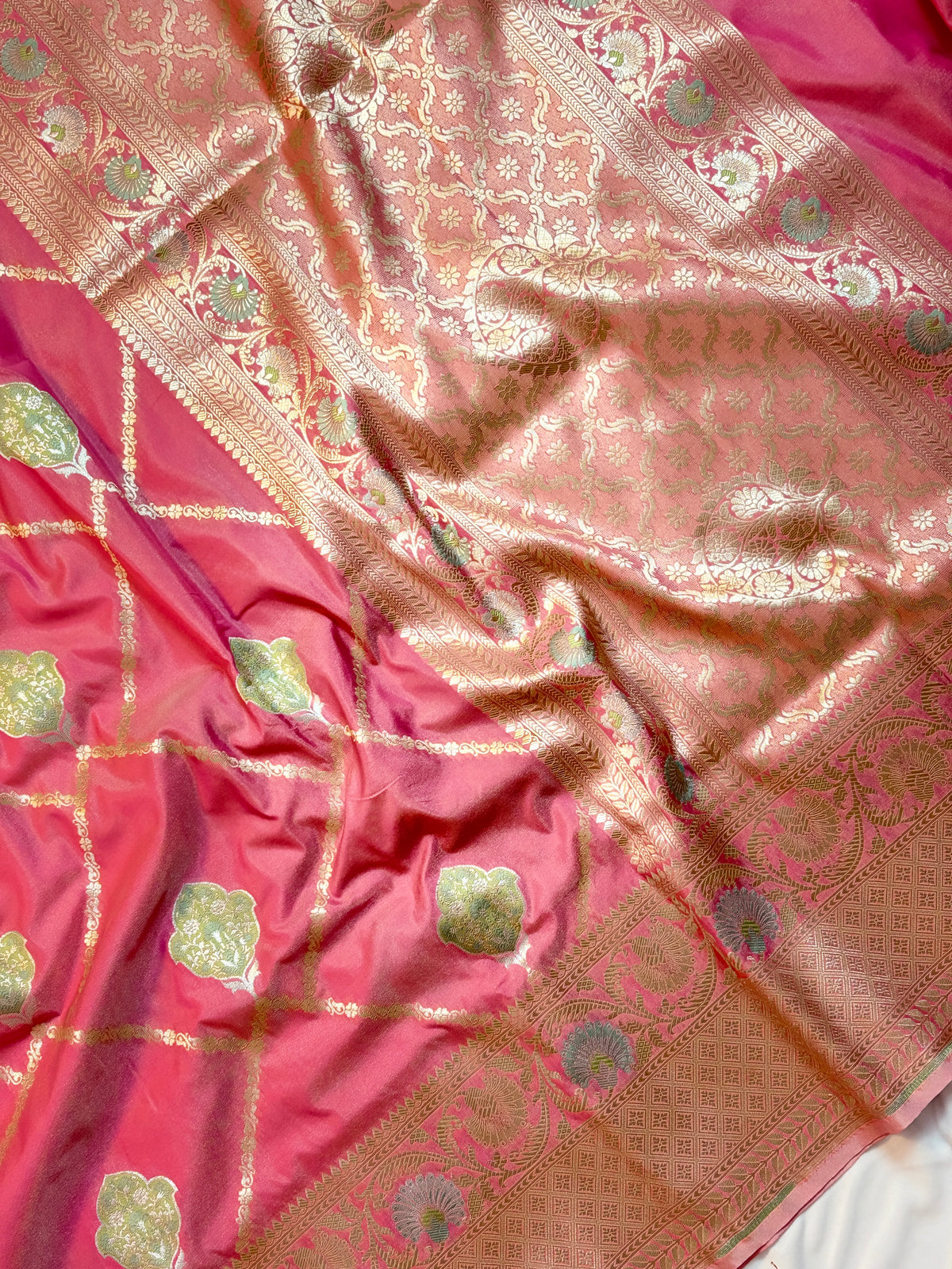 Gorgeous Rose Pink Katan Silk Saree with Zari Diamond Checks & Meenakari Butas