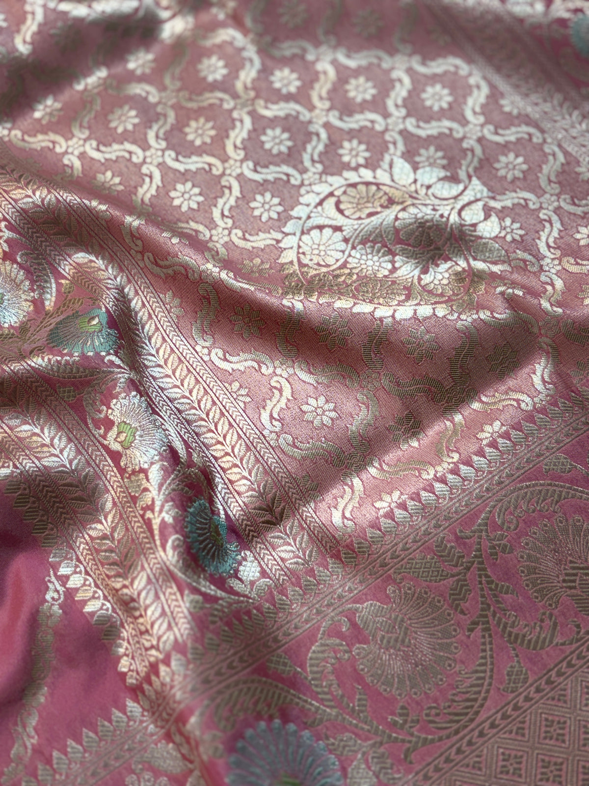 Gorgeous Rose Pink Katan Silk Saree with Zari Diamond Checks & Meenakari Butas