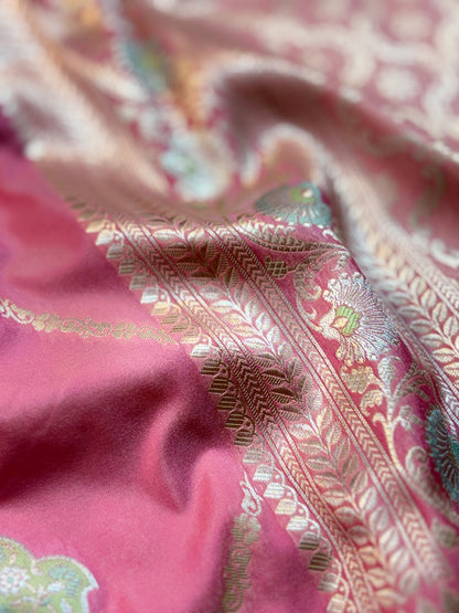 Gorgeous Rose Pink Katan Silk Saree with Zari Diamond Checks & Meenakari Butas