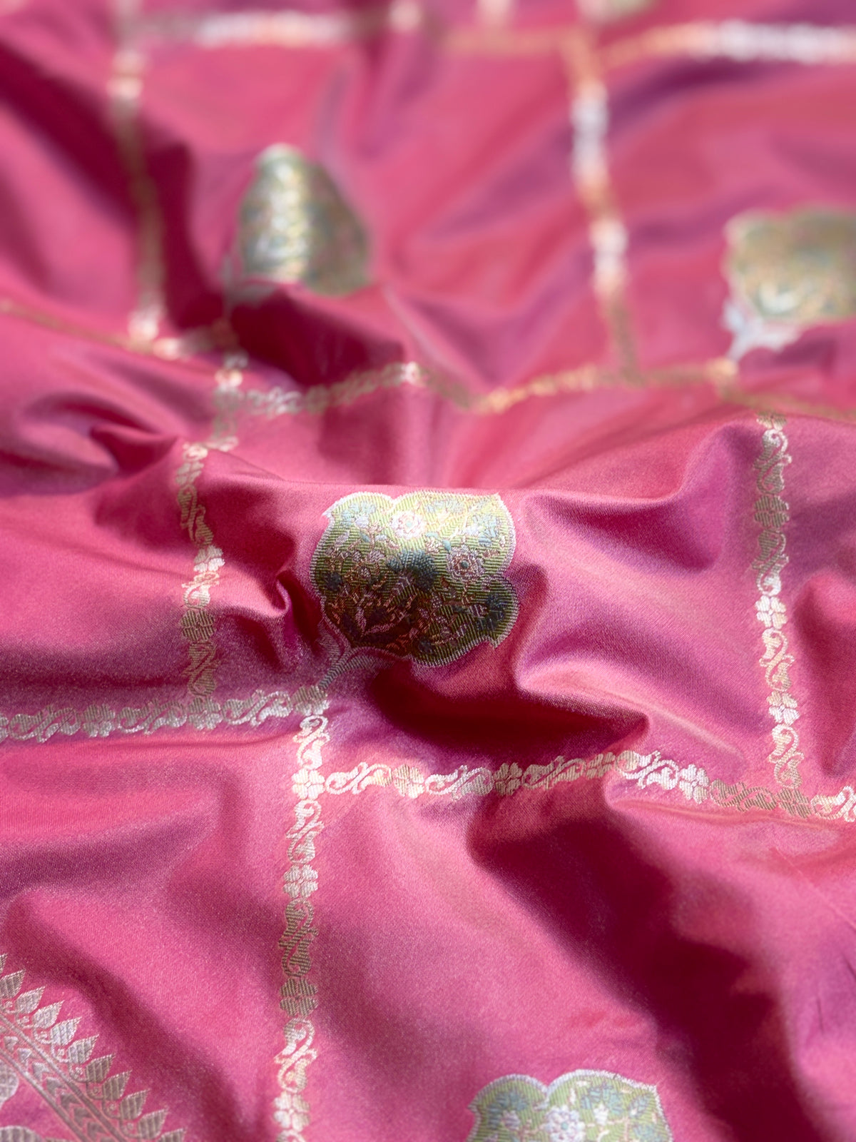 Gorgeous Rose Pink Katan Silk Saree with Zari Diamond Checks & Meenakari Butas