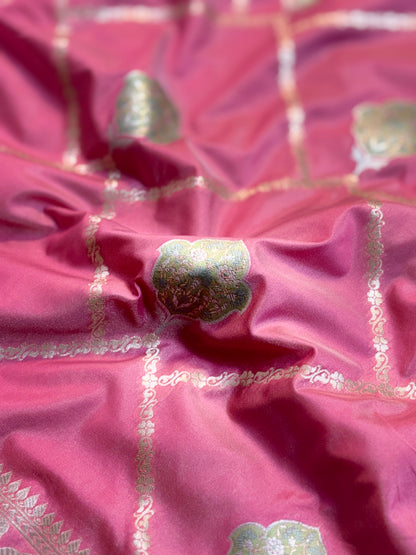 Gorgeous Rose Pink Katan Silk Saree with Zari Diamond Checks & Meenakari Butas
