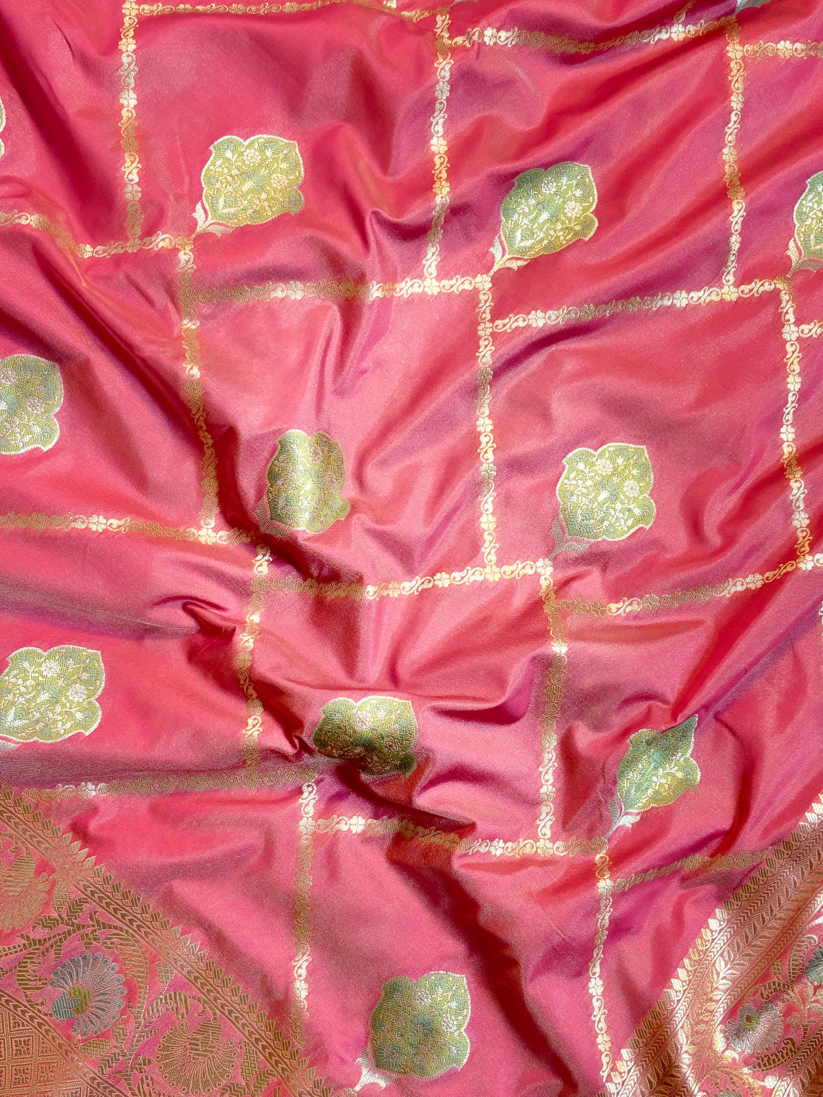 Gorgeous Rose Pink Katan Silk Saree with Zari Diamond Checks & Meenakari Butas