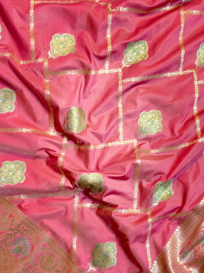 Gorgeous Rose Pink Katan Silk Saree with Zari Diamond Checks & Meenakari Butas