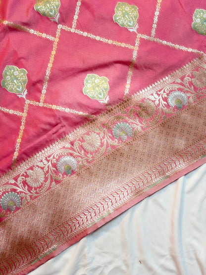 Gorgeous Rose Pink Katan Silk Saree with Zari Diamond Checks & Meenakari Butas