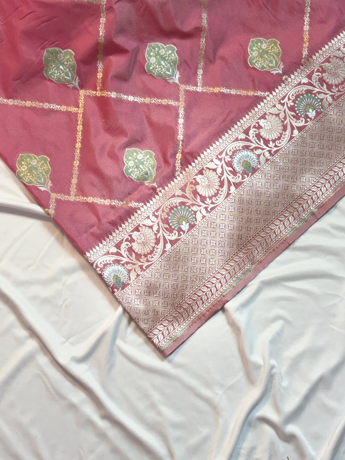 Gorgeous Rose Pink Katan Silk Saree with Zari Diamond Checks & Meenakari Butas